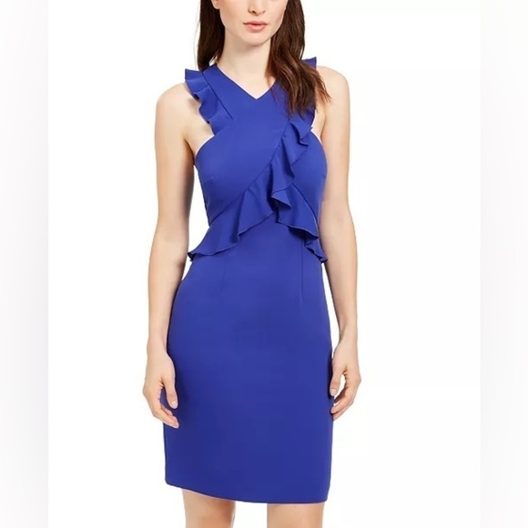 🆕 Trina Turk Avebury Cross Ruffle Dress in Nightshade Blue - Picture 1 of 9